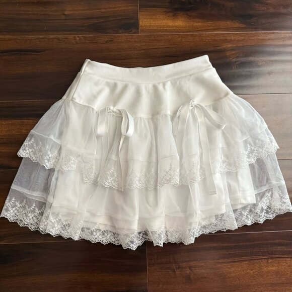 SHEIN White Tiered Layered Lace Ribbon Coquette Skirt